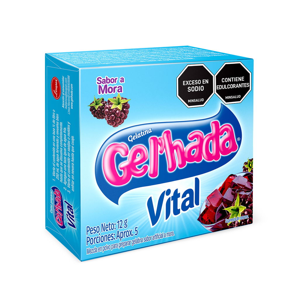 Gelatina Gel’hada Vital mora  x 12gr.  No se añade azúcar en su proceso de producción.