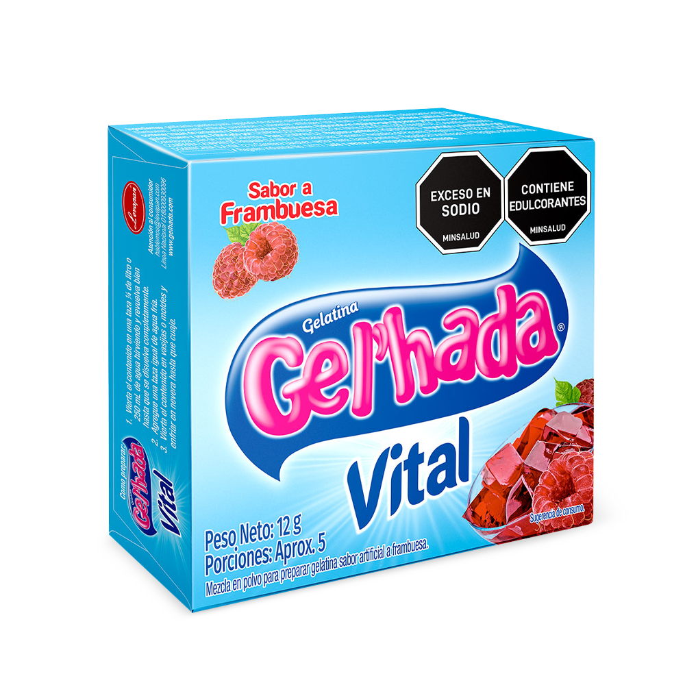 Gelatina Gel’hada Vital Frambuesa  x 12gr.  No se añade azúcar en su proceso de producción.