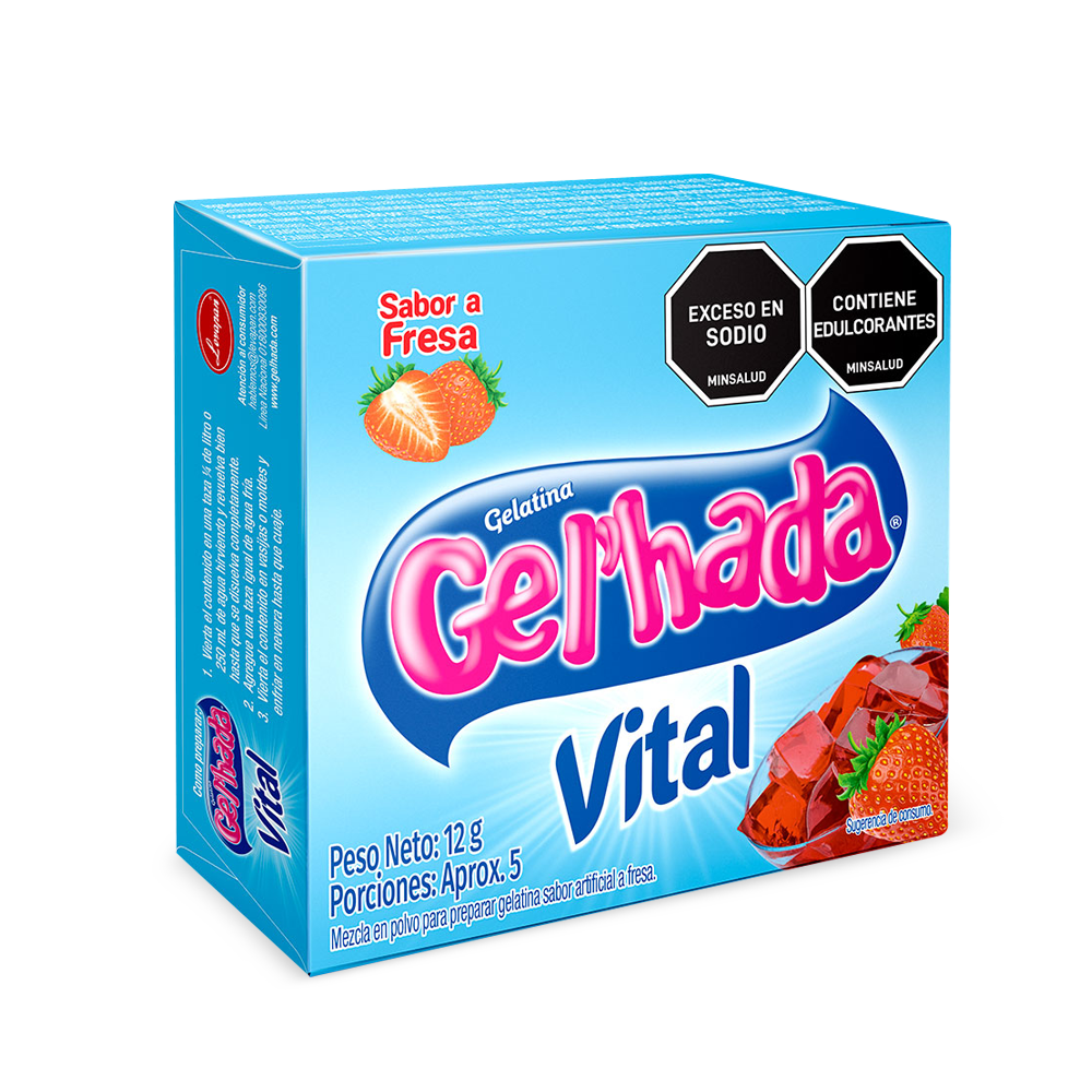 Gelatina Gel’hada Vital fresa x 12gr. No se añade azúcar en su proceso de producción.
