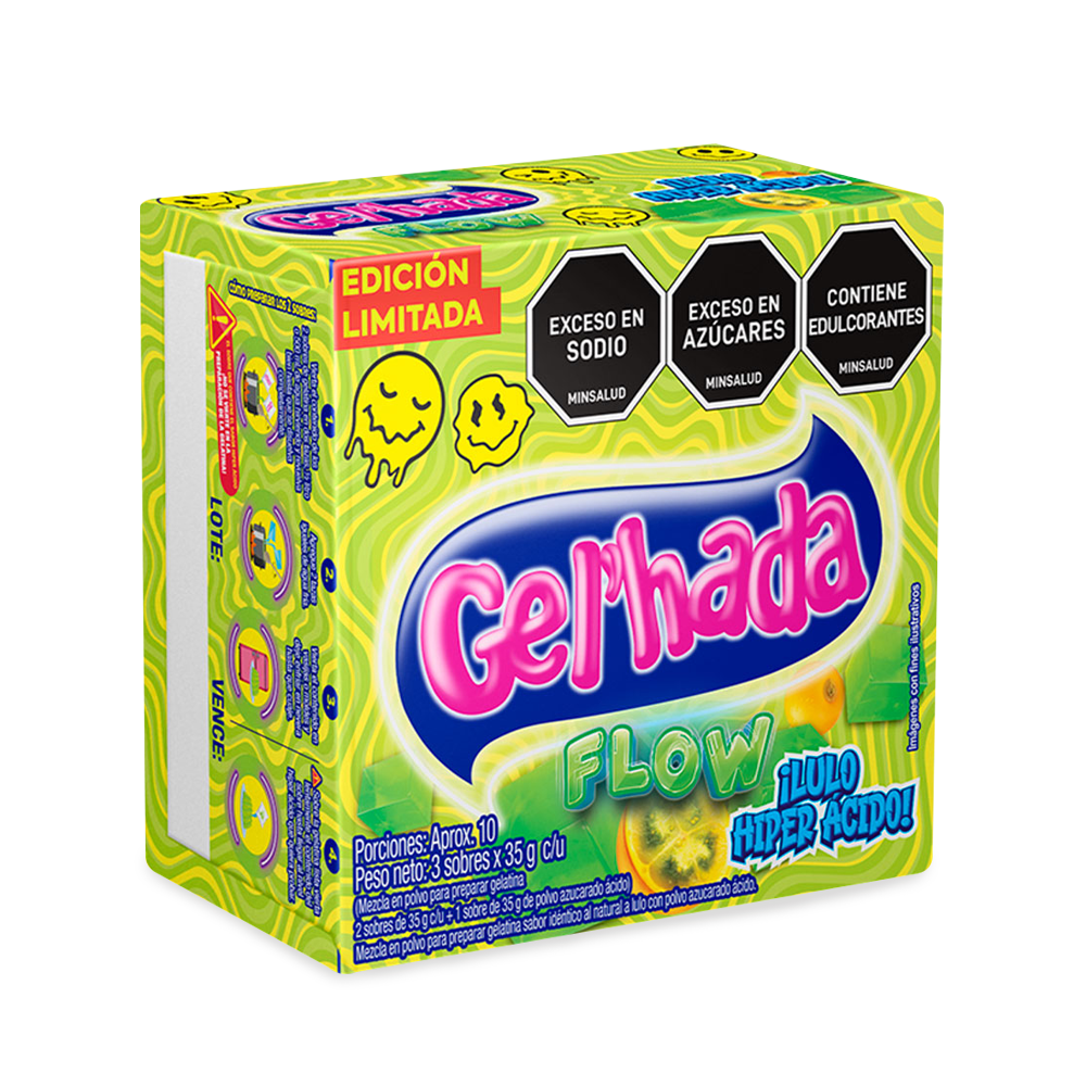 Gelatina Gel’hada x 3 sabor lulo hiperácido x 35gr, con topping o adición de polvo azucarado ácido. Edi. Limitada.