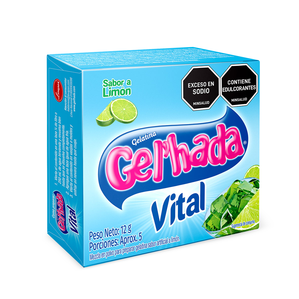 Gelatina Gel’hada Vital limón  x 12gr.  No se añade azúcar en su proceso de producción.